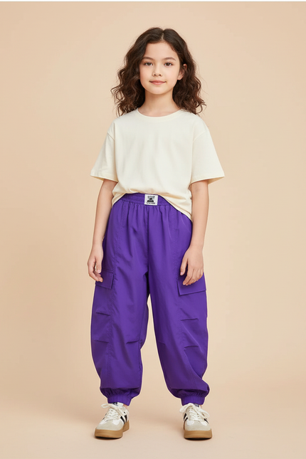 Pantalon Fluide Violet Cargo Ample Streetwear Enfants - Polyester