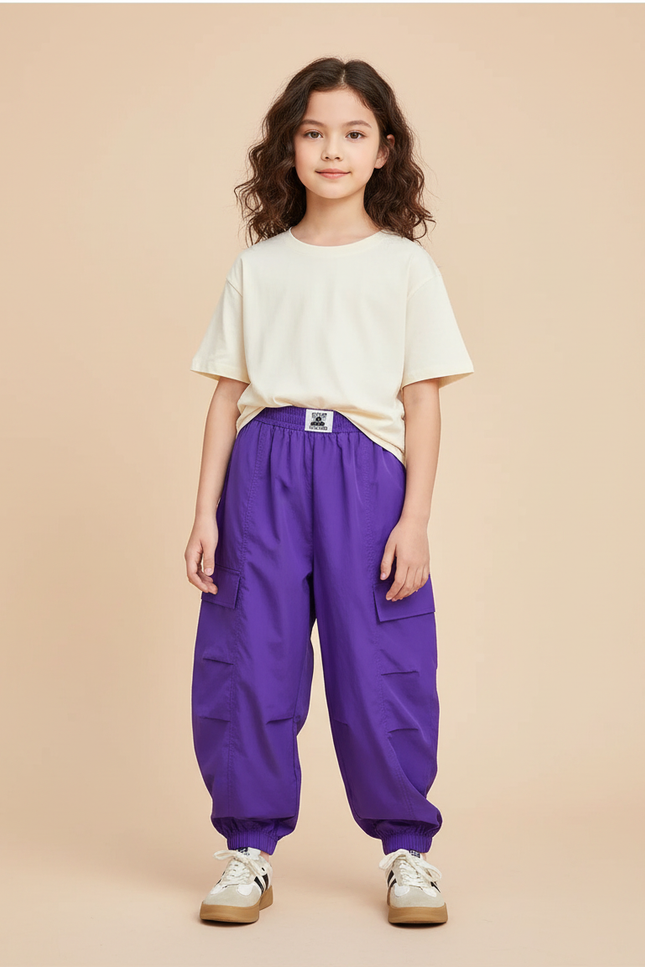 Pantalon Fluide Violet Cargo Ample Streetwear Enfants - Polyester