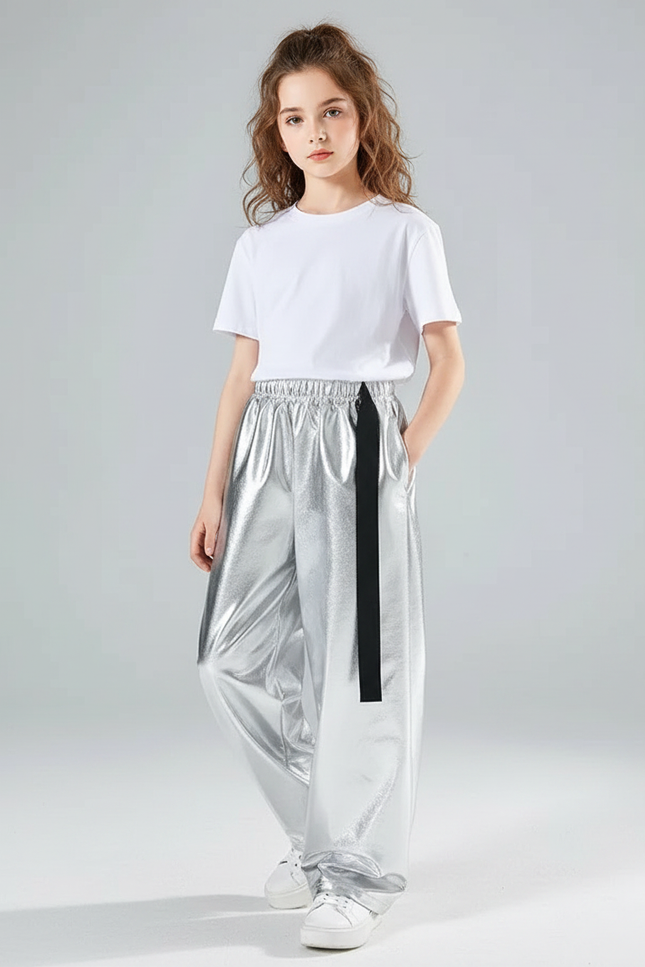 Pantalon Fluide Argenté Métallique Ample Enfants Brillant - Polyester