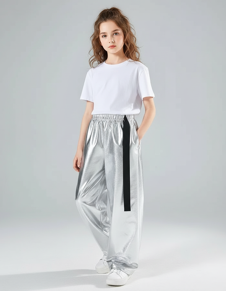 Pantalon Fluide Argenté Métallique Ample Enfants Brillant - Polyester