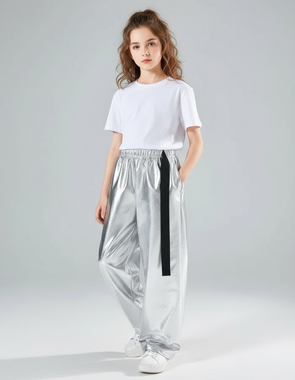 Pantalon Fluide Argenté Métallique Ample Enfants Brillant - Polyester