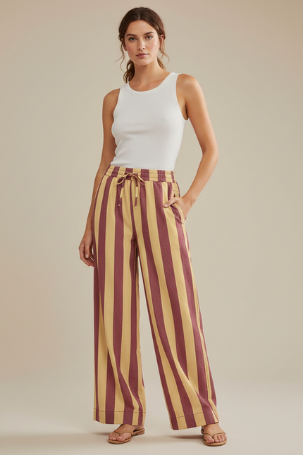 Pantalon Fluide Rayé Large Taille Haute Décontracté - Multicolore Lin