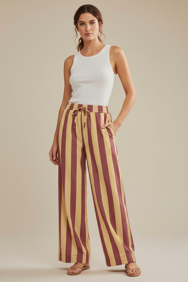 Pantalon Fluide Rayé Large Taille Haute Décontracté - Multicolore Lin