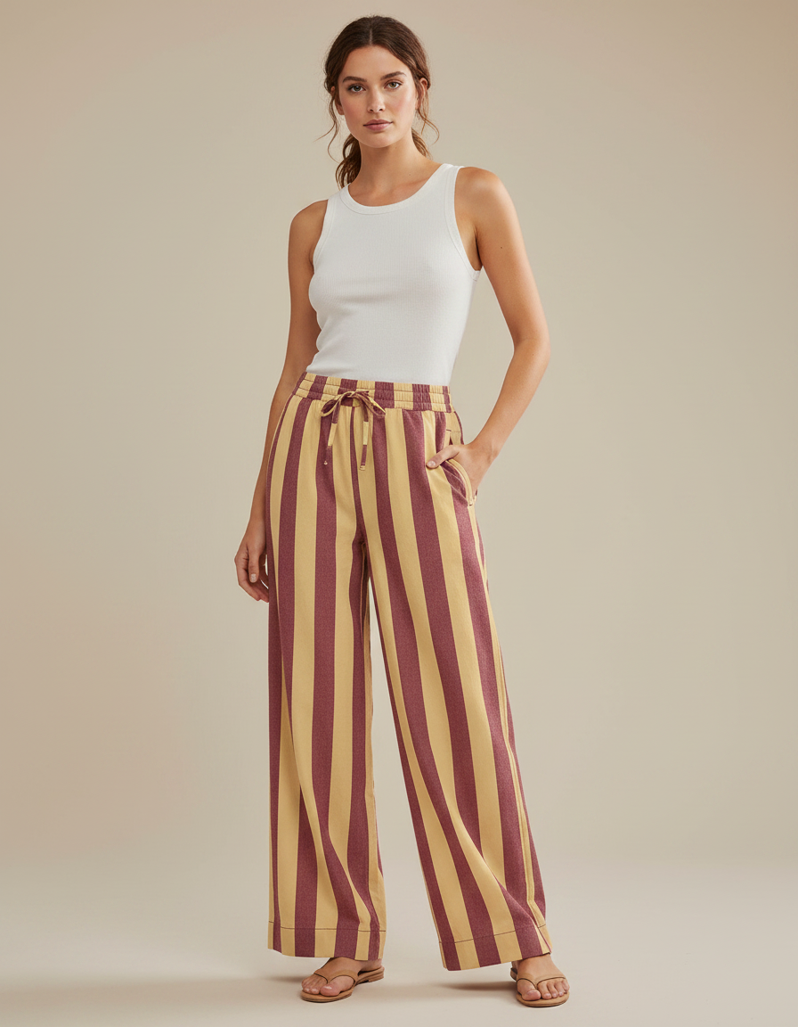 Pantalon Fluide Rayé Large Taille Haute Décontracté - Multicolore Lin