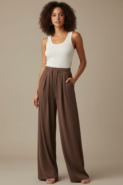 Pantalon Fluide Femme Marron Palazzo - Molleton