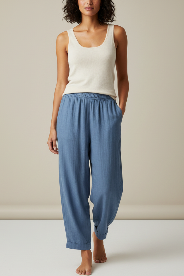 Pantalon Fluide Bleu Ample Lin Décontracté Confortable
