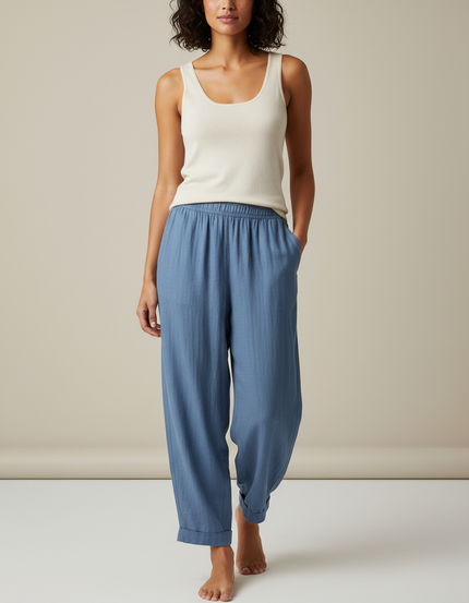 Pantalon Fluide Bleu Ample Lin Décontracté Confortable