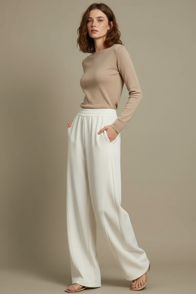Pantalon Fluide Blanc Ample Taille Haute Femme - Polyester