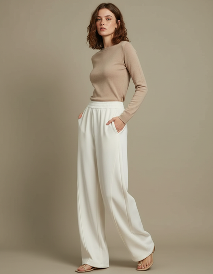 Pantalon Fluide Blanc Ample Taille Haute Femme - Polyester