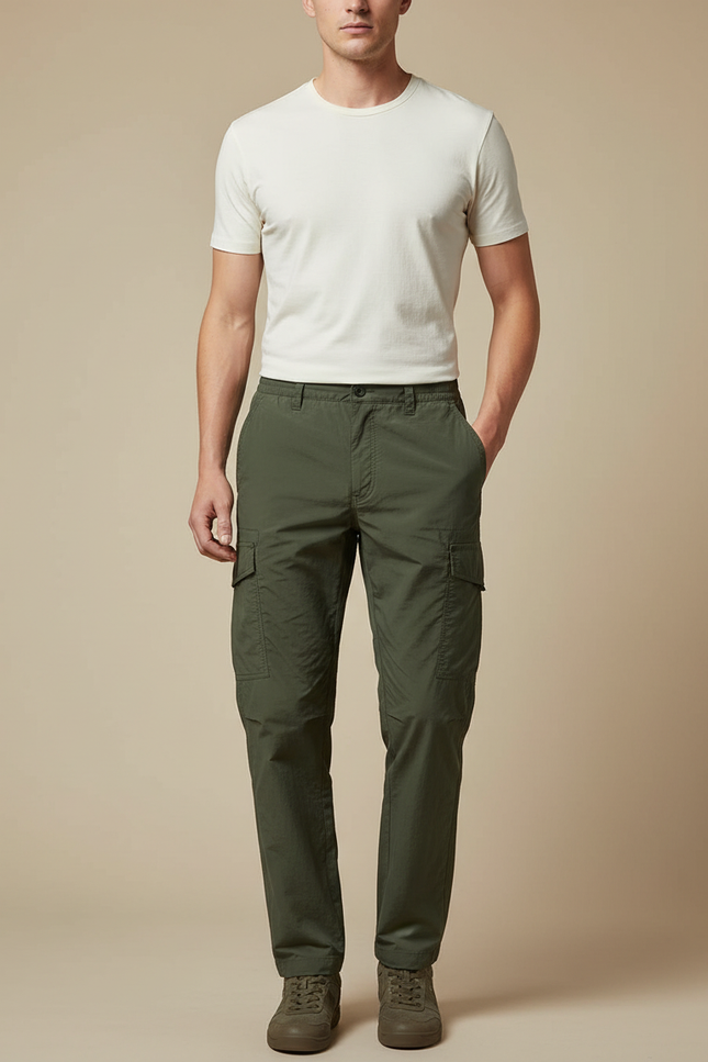 Pantalon Fluide Cargo Kaki Homme Décontracté Coton