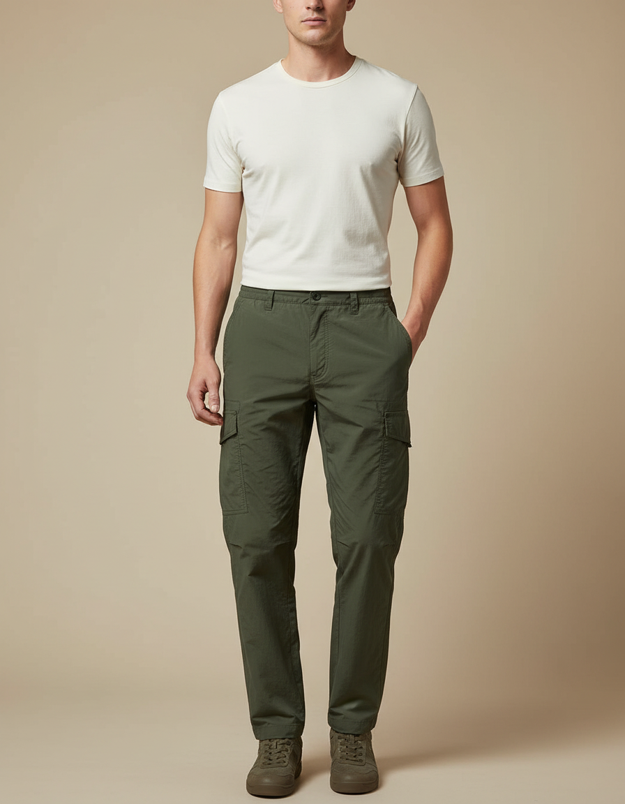Pantalon Fluide Cargo Kaki Homme Décontracté Coton