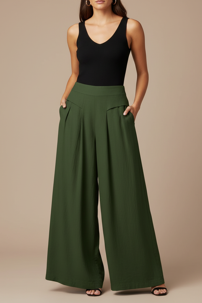 Pantalon Fluide Vert Militaire Ample Taille Haute Plissé Elégant - Lin