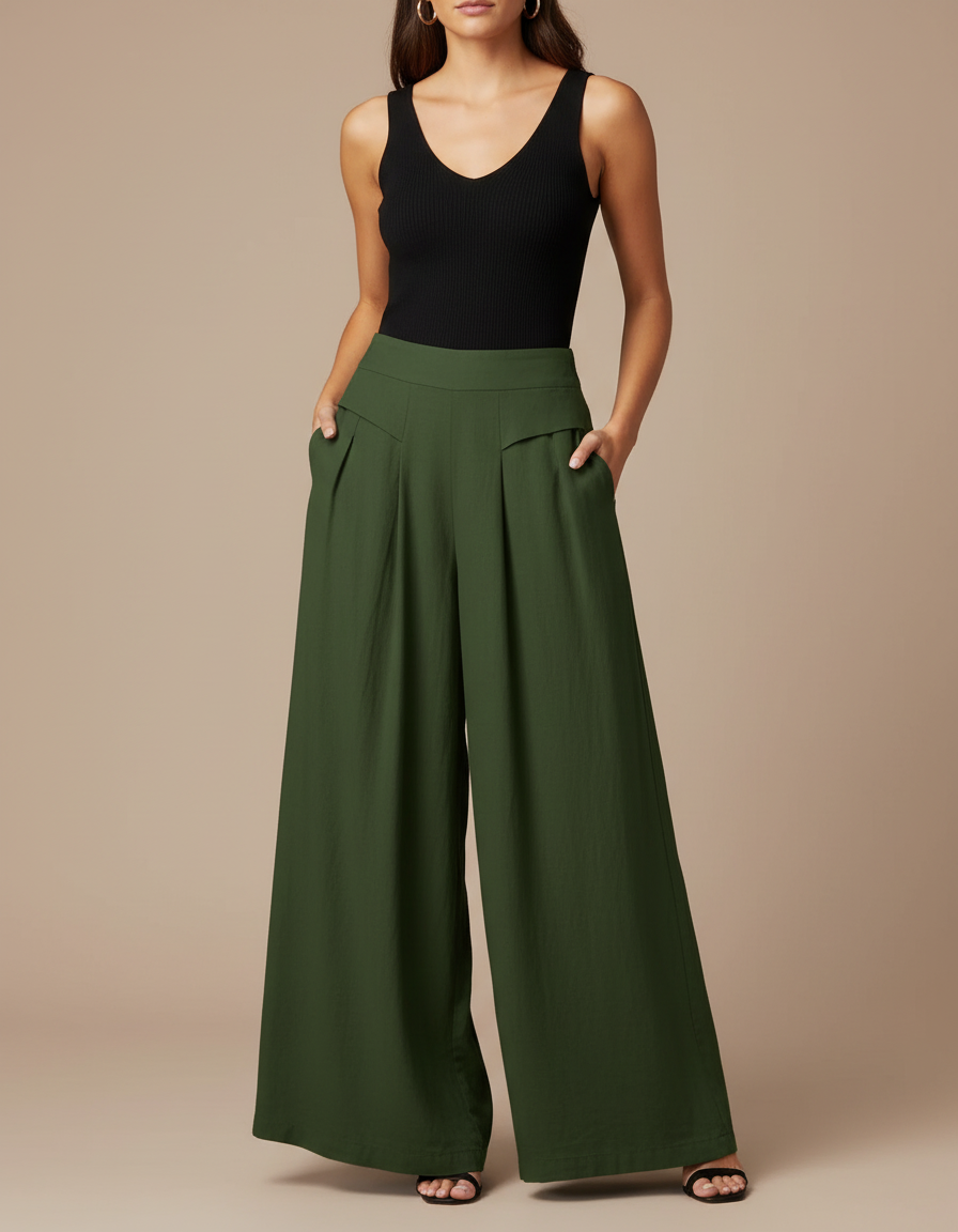 Pantalon Fluide Vert Militaire Ample Taille Haute Plissé Elégant - Lin