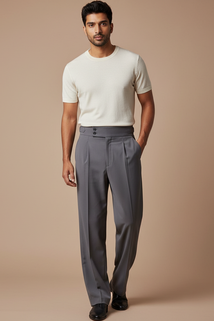 Pantalon Fluide Gris Taille Haute Plissé Homme Élégant - Gabardine