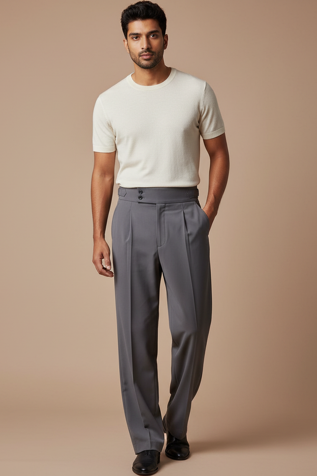 Pantalon Fluide Gris Taille Haute Plissé Homme Élégant - Gabardine