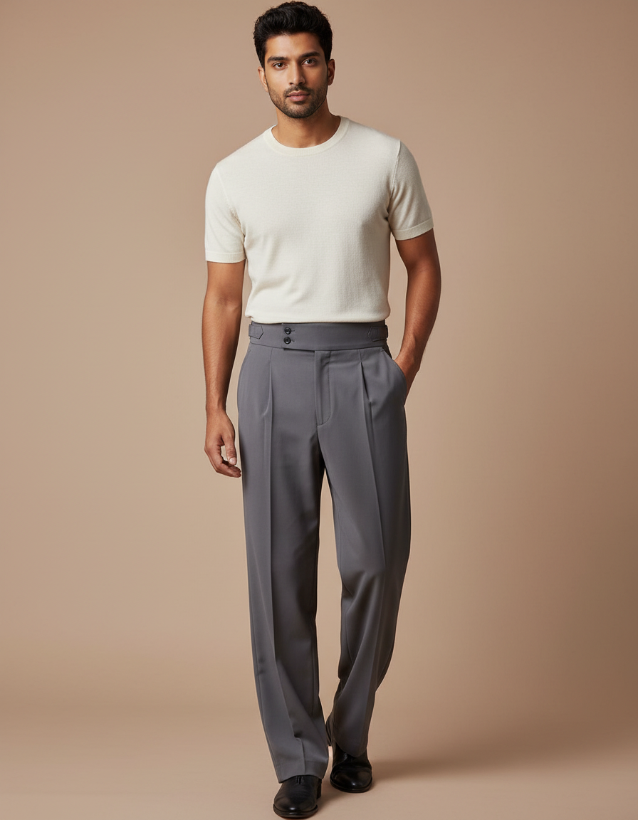Pantalon Fluide Gris Taille Haute Plissé Homme Élégant - Gabardine