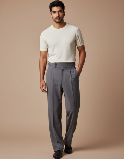 Pantalon Fluide Gris Taille Haute Plissé Homme Élégant - Gabardine
