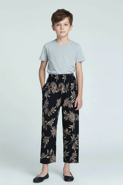 Pantalon Fluide Noir Floral Ample Confortable Doux - Viscose