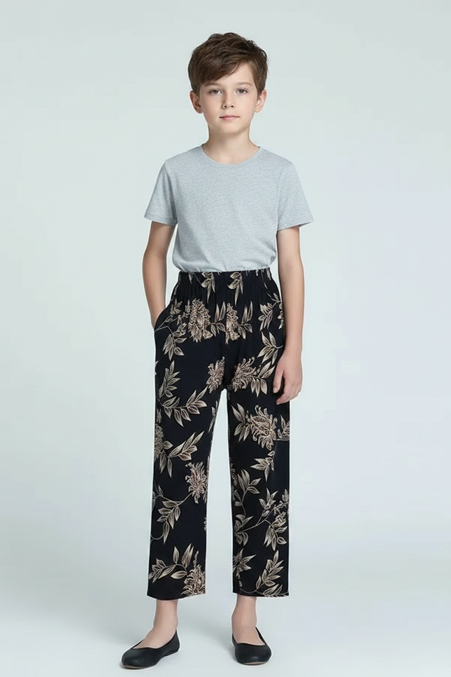 Pantalon Fluide Noir Floral Ample Confortable Doux - Viscose
