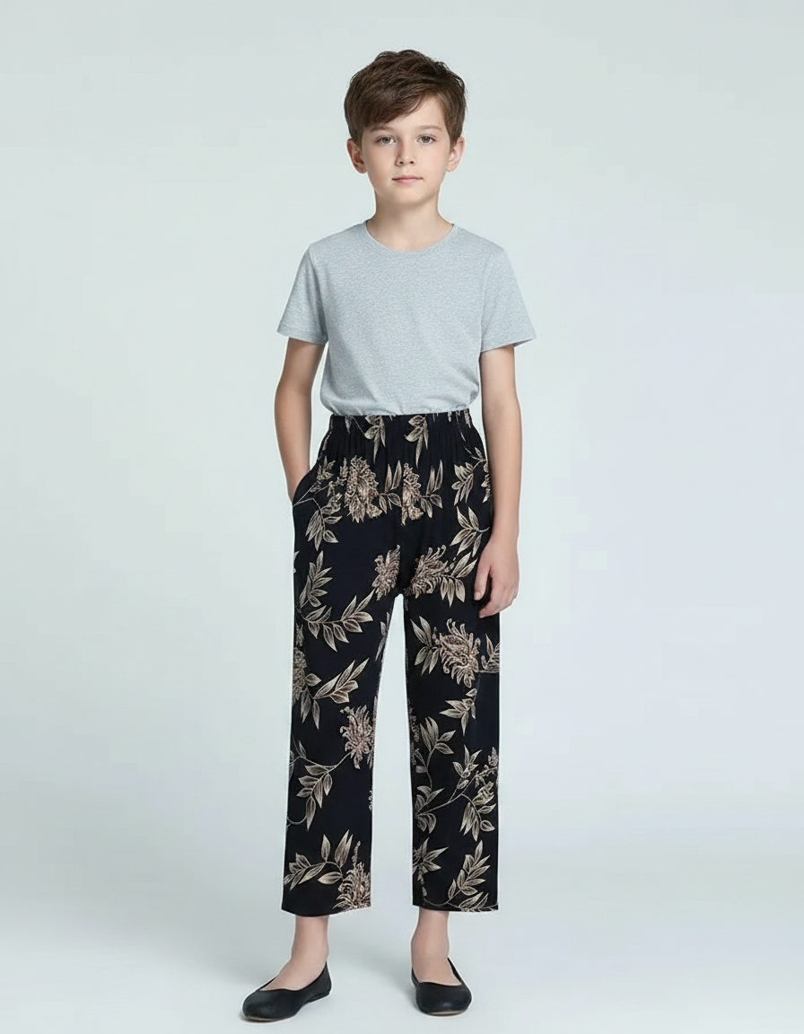 Pantalon Fluide Noir Floral Ample Confortable Doux - Viscose