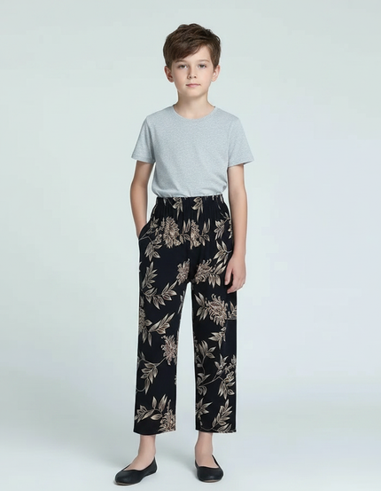 Pantalon Fluide Noir Floral Ample Confortable Doux - Viscose