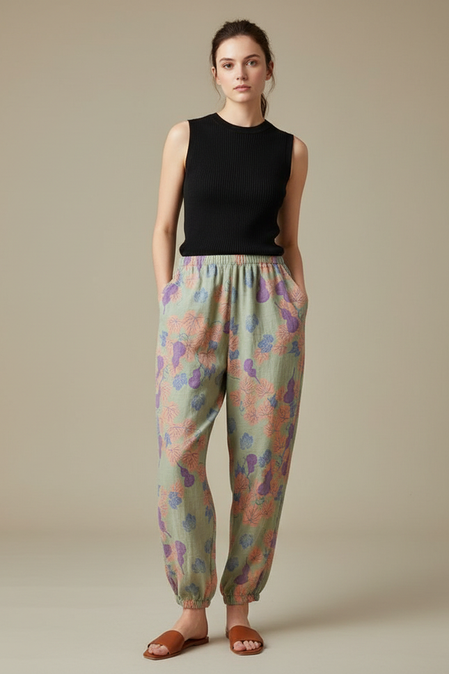 Pantalon Fluide Vert Imprimé Floral Ample Coton Femme