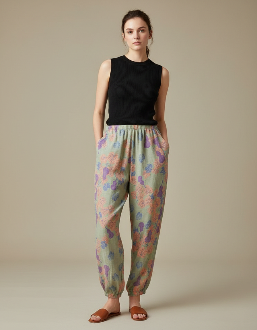 Pantalon Fluide Vert Imprimé Floral Ample Coton Femme