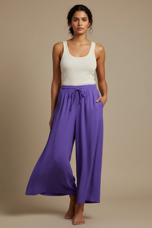 Pantalon Fluide Violet Ample Coton Taille Haute Femme