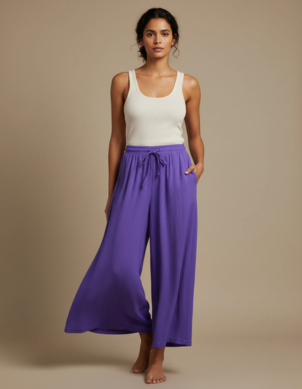 Pantalon Fluide Violet Ample Coton Taille Haute Femme