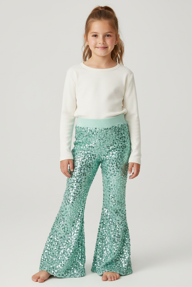 Pantalon Fluide Paillettes Vert Évasé Scintillant Confortable - Maille