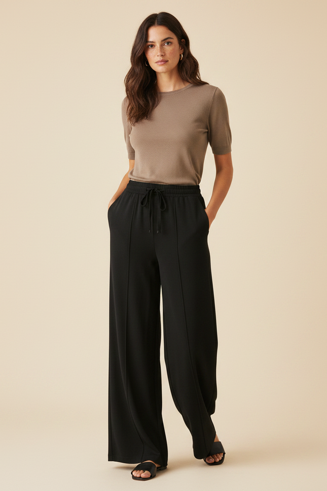 Pantalon Fluide Taille Élastiquée Femme - Noir Viscose