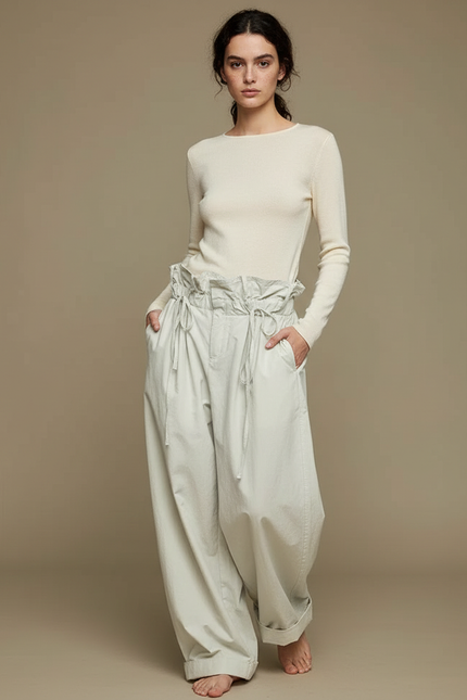Pantalon Fluide Écru Ample Coton Taille Haute Élégant - Gris