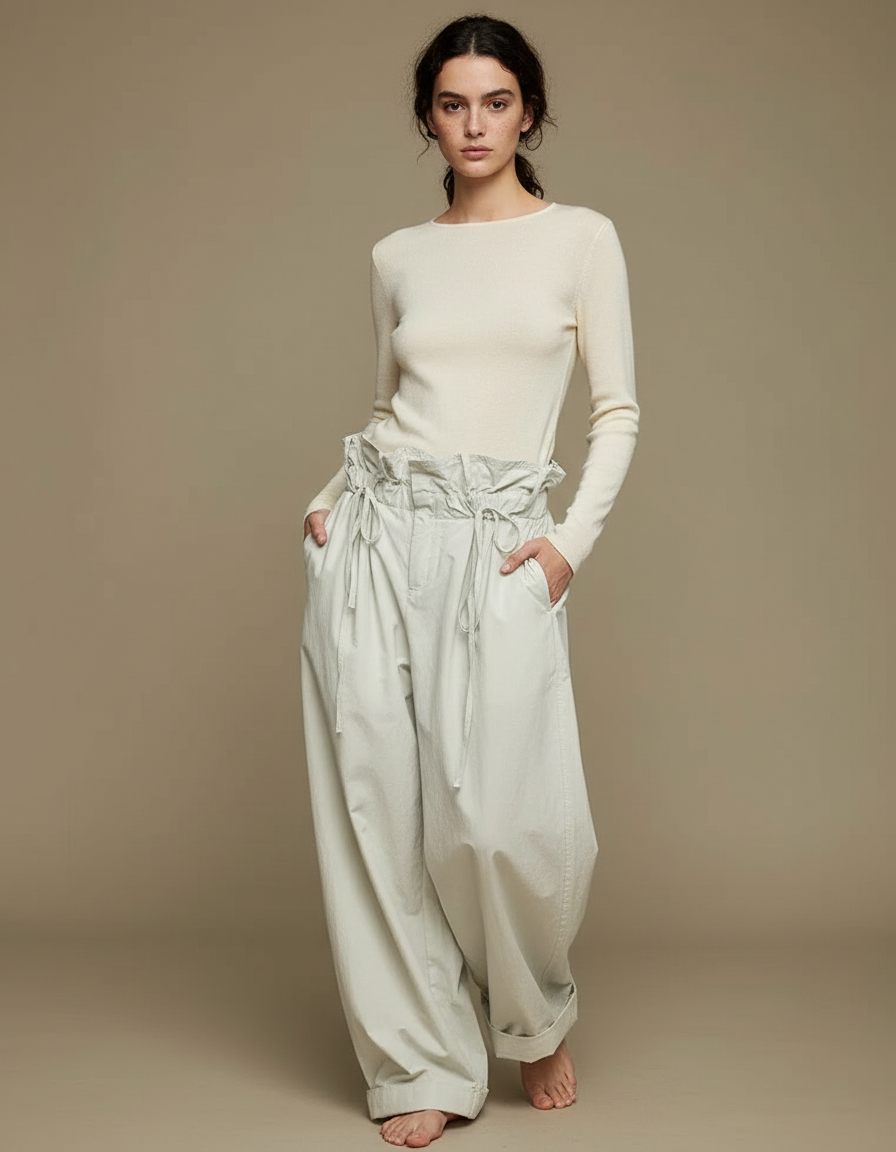 Pantalon Fluide Écru Ample Coton Taille Haute Élégant - Gris