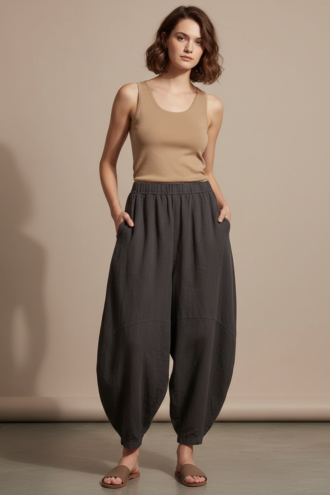 Pantalon Fluide Gris Coton Lin Ample Décontracté