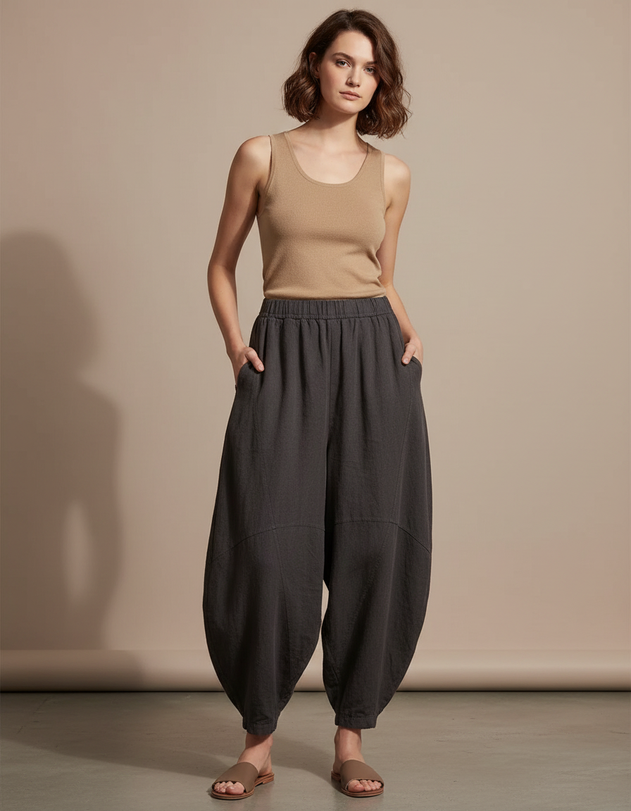 Pantalon Fluide Gris Coton Lin Ample Décontracté