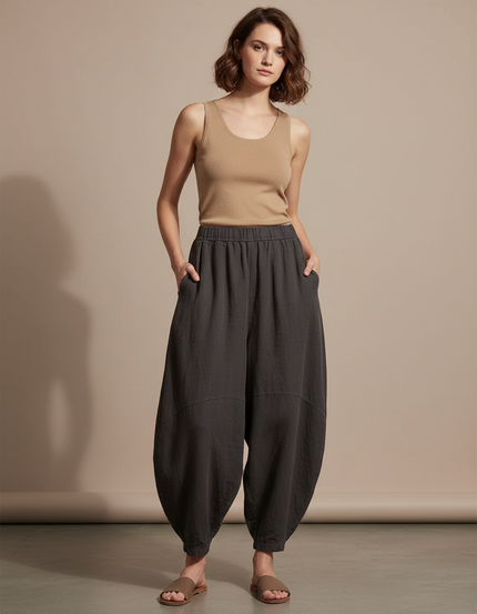 Pantalon Fluide Gris Coton Lin Ample Décontracté