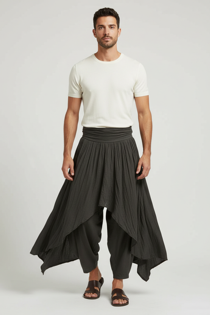 Pantalon Fluide Asymétrique Plissé Sarouel Homme Gris - Kaki Viscose