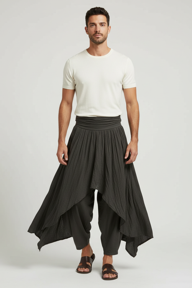 Pantalon Fluide Asymétrique Plissé Sarouel Homme Gris - Kaki Viscose