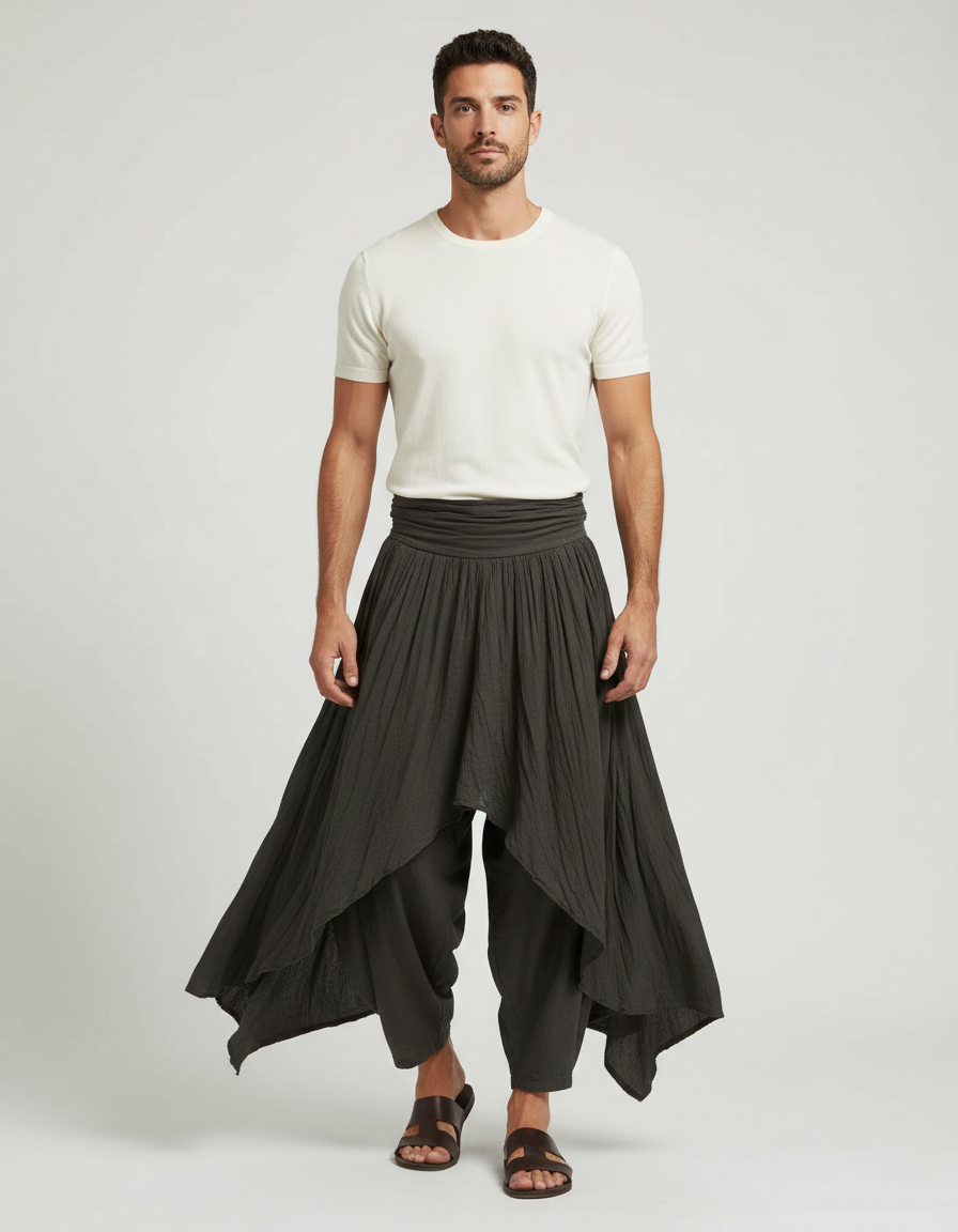 Pantalon Fluide Asymétrique Plissé Sarouel Homme Gris - Kaki Viscose