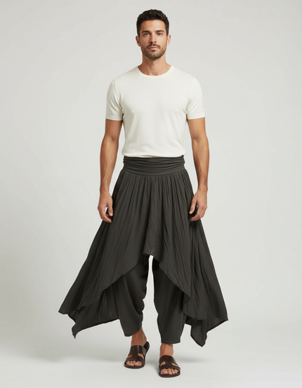 Pantalon Fluide Asymétrique Plissé Sarouel Homme Gris - Kaki Viscose