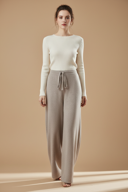 Pantalon Fluide Beige Laine Ample Cordon Femme