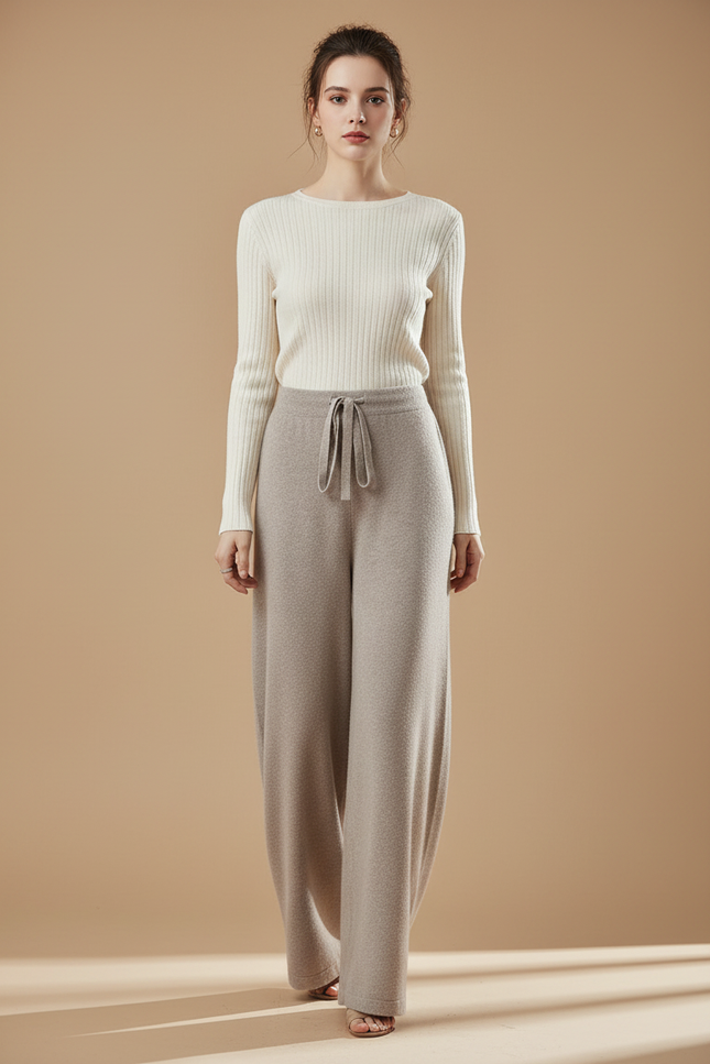 Pantalon Fluide Beige Laine Ample Cordon Femme