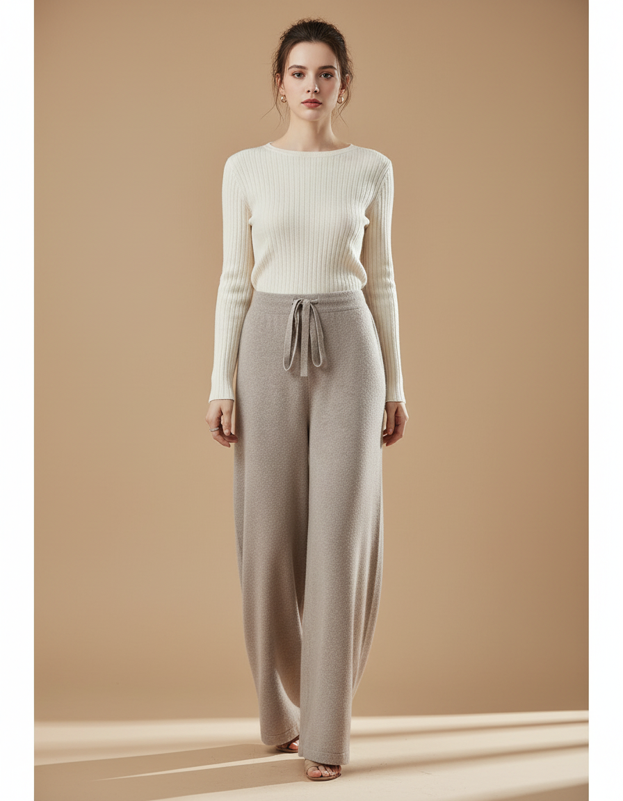 Pantalon Fluide Beige Laine Ample Cordon Femme