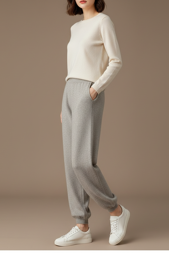 Pantalon Fluide Gris Maille Laine Décontracté Confortable Femme