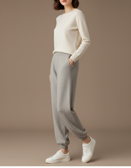 Pantalon Fluide Gris Maille Laine Décontracté Confortable Femme
