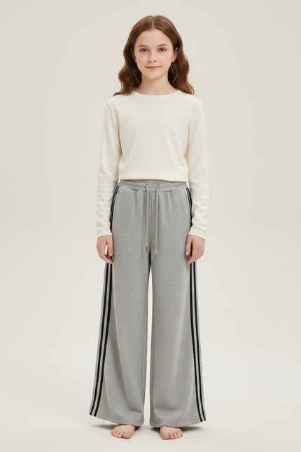 Pantalon Fluide Gris Ample Rayures Latérales Sport - Molleton
