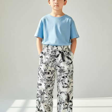 Pantalon Fluide Imprimé Floral Noir Blanc Ample - Viscose