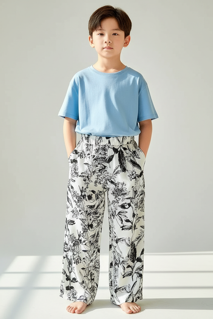 Pantalon Fluide Imprimé Floral Noir Blanc Ample - Viscose