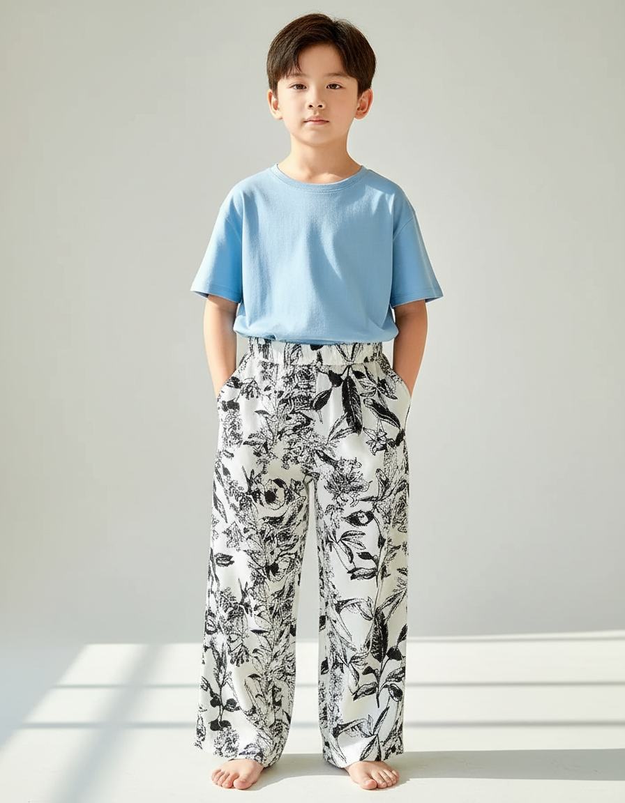 Pantalon Fluide Imprimé Floral Noir Blanc Ample - Viscose