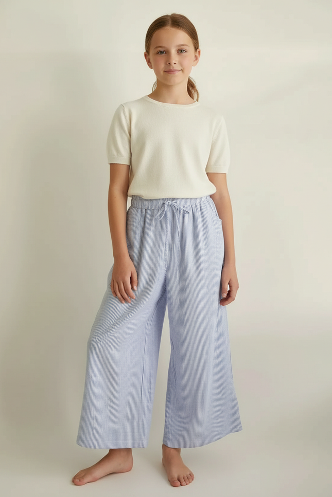 Pantalon Fluide Rayé Bleu Coton Ample Fille